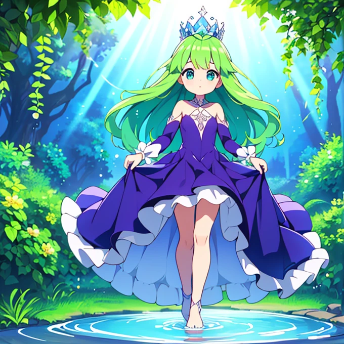Full body, beautiful eyes , 1 girl  , full body , cute girl , anime style , cute eyes  , (standing up) , (Floralisia is a majestic, humanoid Pokémon revered as the guardian of nature and water. It has an ethereal appearance, with flowing green hair adorned with vibrant flowers and cascading vines. Its skin has a soft, dewy sheen, resembling the surface of a pristine pond at dawn. Floralisia’s eyes glow with a tranquil, azure hue, symbolizing its deep connection to the natural world.This legendary Pokémon's body is wrapped in an elegant, leafy gown that shimmers with droplets of water, creating a mesmerizing, iridescent effect. Floralisia’s hands and feet are delicate and vine-like, allowing it to manipulate plant life and water with grace and precision. )  (ball gown) , crown , hidden legs ,( princess) , (ballgown covers legs), purple  clothing 