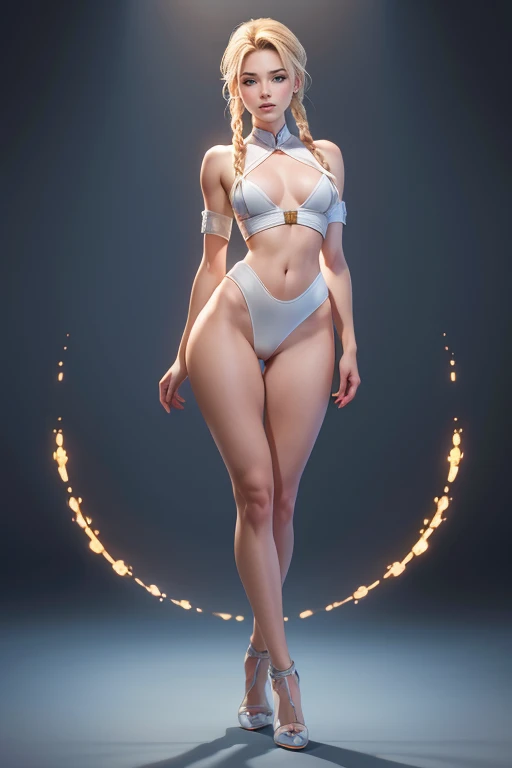 (masterpiece), 8k, best quality, high resolution, highly detailed, detailed background, perfect lighting,  full body photo,  sci-fi, 1 girl with perfect body, short blonde hair braided in two braids,alluring eyes,glossy lips, small breasts, perfect proportions, slender body, perfect small buttocks, thin waist, the beauty of perfect legs, sexy pose, Beautiful dynamic standing posture, studio quality, full body photo, highlighting the main subject
 