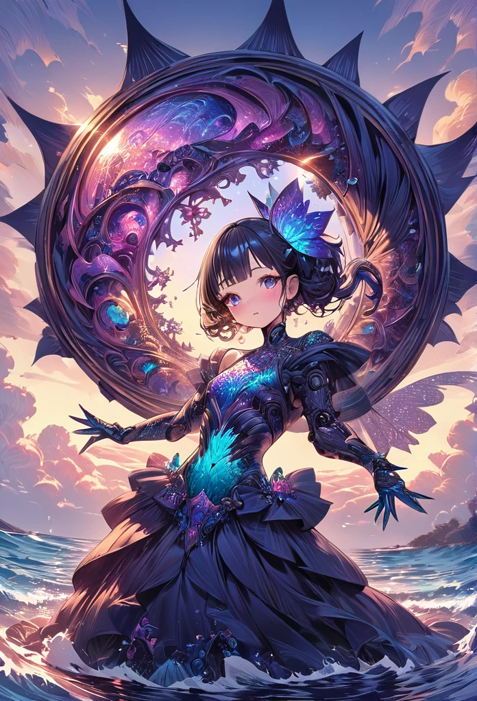 cute little Girl(zentangle, datura, fractal, enrejado), (surreal fractal art:1.3), (mechanical mermaid princess:1.5), (highly detailed, 8k, beautiful epic ocean scene with marine life), (photorealistic, cinematic lighting, dramatic, stunning composition), (breathtaking colors, vibrant, glowing), (otherworldly, ethereal, mystical)