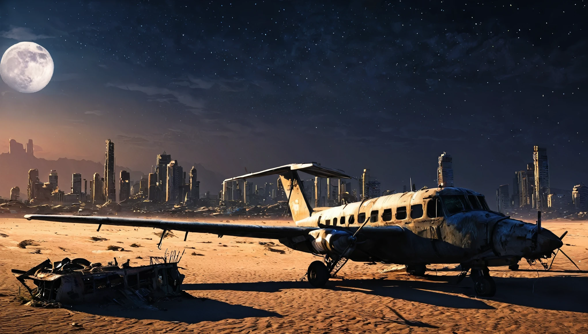 plane desert night city post apocalyptic