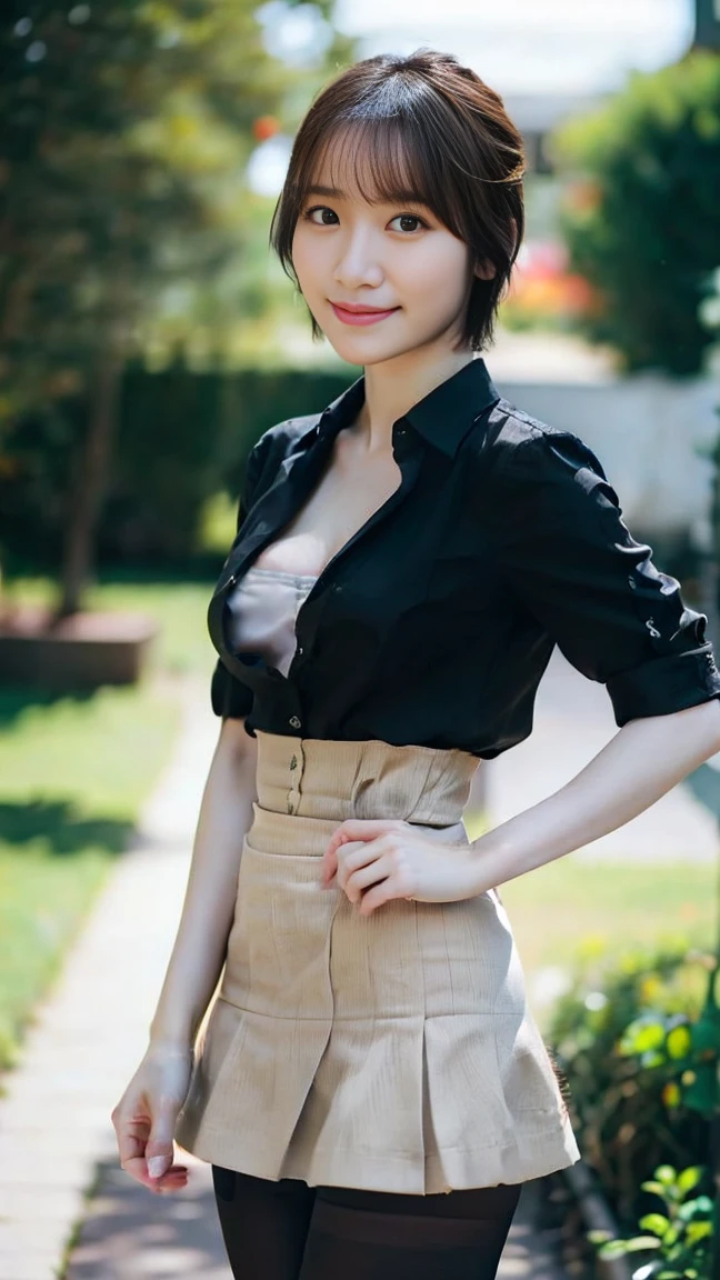 Tabletop, 最high quality, Photorealistic, In detail, High resolution,Beautiful Japanese Women,Beautiful attention to detail, Beautiful lip detail, Highly detailed face, Small Head, Small areola, Cinema Lighting, Realistic, 8k, high quality, Super detailed, look at me,smile,(Dress shirt),( Pencil Skirt:1.2),(short hair:1.2),(Random outdoor locations),(Medium chest:1.2),(Portraiture:1.3),thin,Beautiful legs,(Cleavage:1.3),(Sexy pose),mini skirt, (Bokeh:1.3) (Black Pantyhose:1.2),Riho Yoshioka