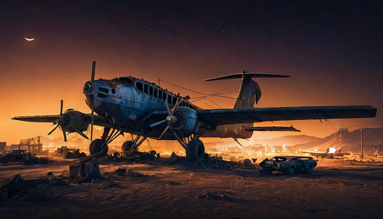 plane desert night city post apocalyptic