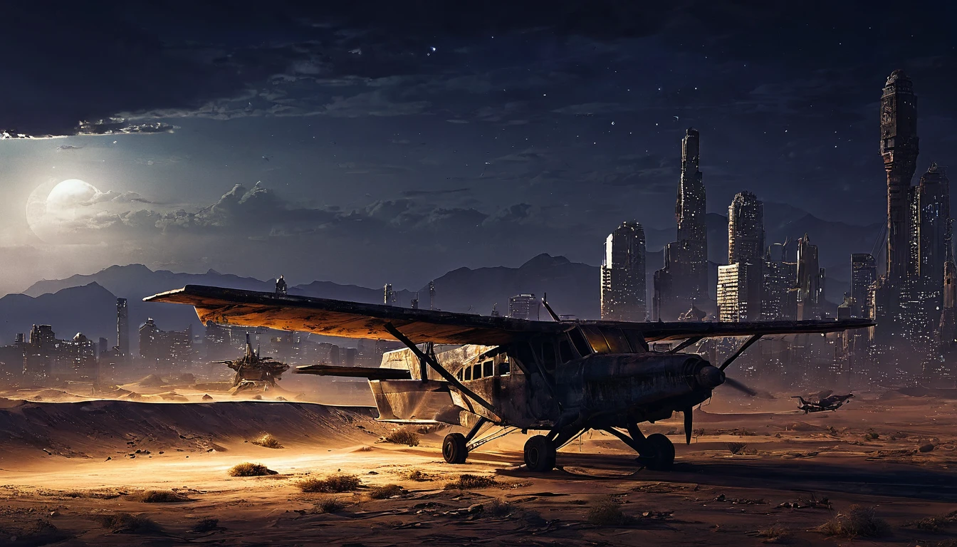 plane desert night city post apocalyptic