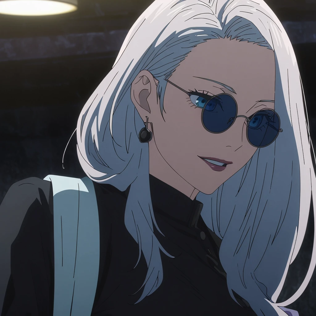 1girl, female gojo satoru, anime screencap from jujutsu kaisen, gojo satoru female version, solo, long_hair, ((Blue eyes, round sunglasses)) ((Silver_hair, hair over ear from one side))((slicked hair)) , night view, (hanging breasts) upper_body, smile, indoors, parted lips, (long hair) ((wearing black colour party outfit, pff the shoulder)) breast, "very detailed and high resolution" (Blue eyes, round sunglasses) ((solo)) (((front view))) (earings) ((high resolution)) ((good quality)) ((silky hair, hair over ear from one side))((hair slicked)) ((parted lips)) ((shot from behind))