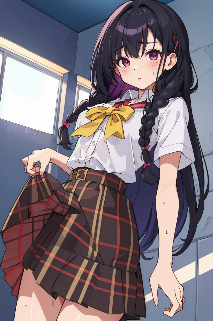 masterpiece, super fine illustration, best quality, light particles, ultra-detailed, 8K wallpaper, (bright colors:1.2), (a ),(high school uniforms:1.1),((braid hair,black hair)), (random breasts:1.1) disheveled hair, shiny hair, shiny skin, sweat, girl is soaked, (extremely beautiful random eyes),nsfw
BREAK
(burberry check panties),lifted by self,skirt lift