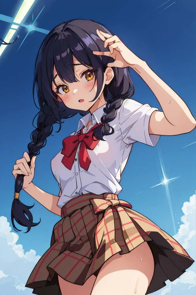 masterpiece, super fine illustration, best quality, light particles, ultra-detailed, 8K wallpaper, (bright colors:1.2), (a ),(high school uniforms:1.1),((braid hair,black hair)), (random breasts:1.1) disheveled hair, shiny hair, shiny skin, sweat, girl is soaked, (extremely beautiful random eyes),nsfw
BREAK
(burberry check panties),lifted by self,skirt lift
