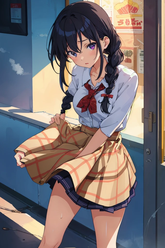 masterpiece, super fine illustration, best quality, light particles, ultra-detailed, 8K wallpaper, (bright colors:1.2), (a little girl),(high school uniforms:1.1),((braid hair,black hair)), (random breasts:1.1) disheveled hair, shiny hair, shiny skin, sweat, girl is soaked, (extremely beautiful random eyes),nsfw
BREAK
(burberry check panties),lifted by self,skirt lift
