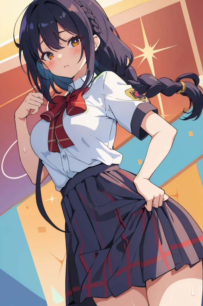 masterpiece, super fine illustration, best quality, light particles, ultra-detailed, 8K wallpaper, (bright colors:1.2), (a little girl),(high school uniforms:1.1),((braid hair,black hair)), (random breasts:1.1) disheveled hair, shiny hair, shiny skin, sweat, girl is soaked, (extremely beautiful random eyes),nsfw
BREAK
(burberry check panties),lifted by self,skirt lift