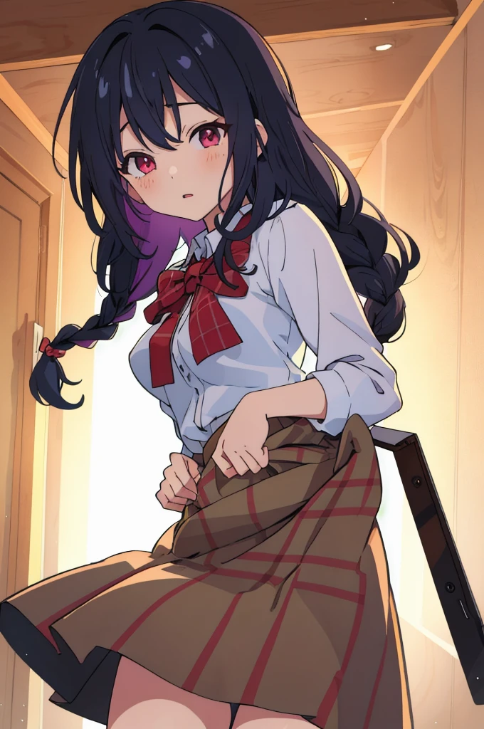 masterpiece, super fine illustration, best quality, light particles, ultra-detailed, 8K wallpaper, (bright colors:1.2), (a little girl),(high school uniforms:1.1),((braid hair,black hair)), (random breasts:1.1) disheveled hair, shiny hair, shiny skin, sweat, girl is soaked, (extremely beautiful random eyes),nsfw
BREAK
(burberry check panties),lifted by self,skirt lift