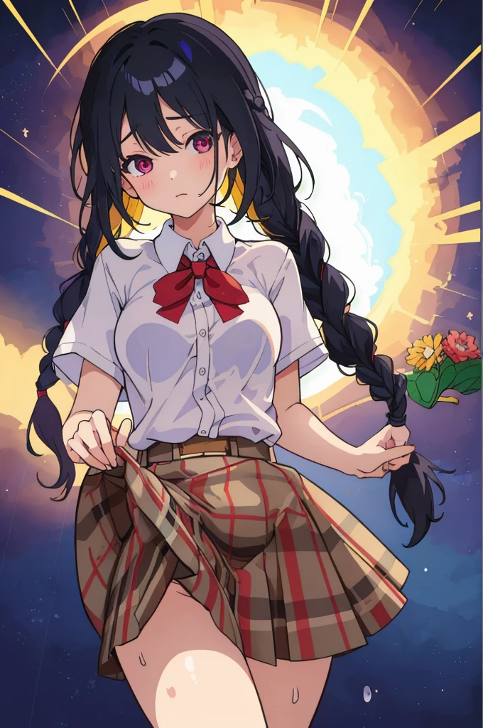 masterpiece, super fine illustration, best quality, light particles, ultra-detailed, 8K wallpaper, (bright colors:1.2), (a little girl),(high school uniforms:1.1),((braid hair,black hair)), (random breasts:1.1) disheveled hair, shiny hair, shiny skin, sweat, girl is soaked, (extremely beautiful random eyes),nsfw
BREAK
(burberry check panties),lifted by self,skirt lift
