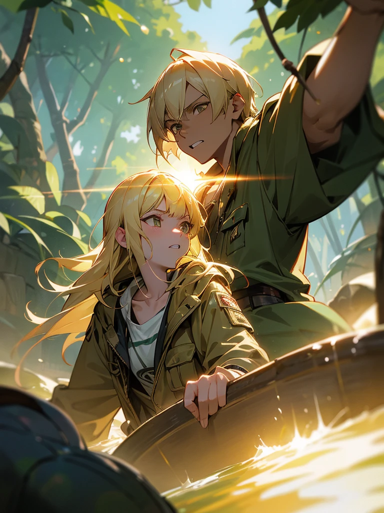High resolution, Jungle Cruise, expedition, Safari Jacket, Blonde Blonde, Grit your teeth, Anime Style, Lens flare, Anatomically correct,