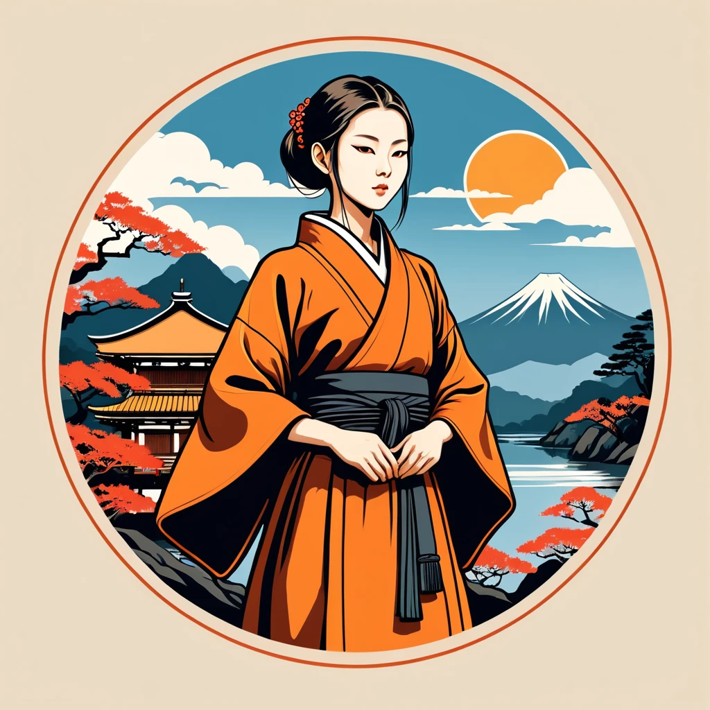 female monk in japan folk outfit, vector graphics, strong contours, logo design