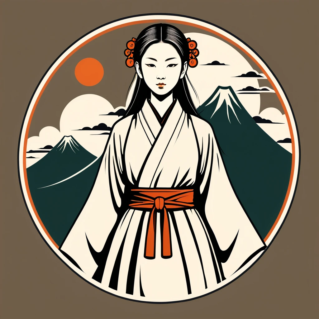 female monk in japan folk outfit, vector graphics, strong contours, logo design
