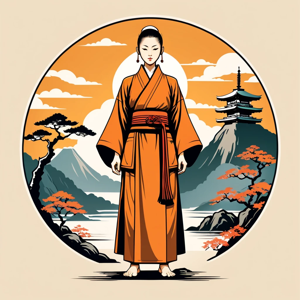 female monk in japan folk outfit, vector graphics, strong contours, logo design