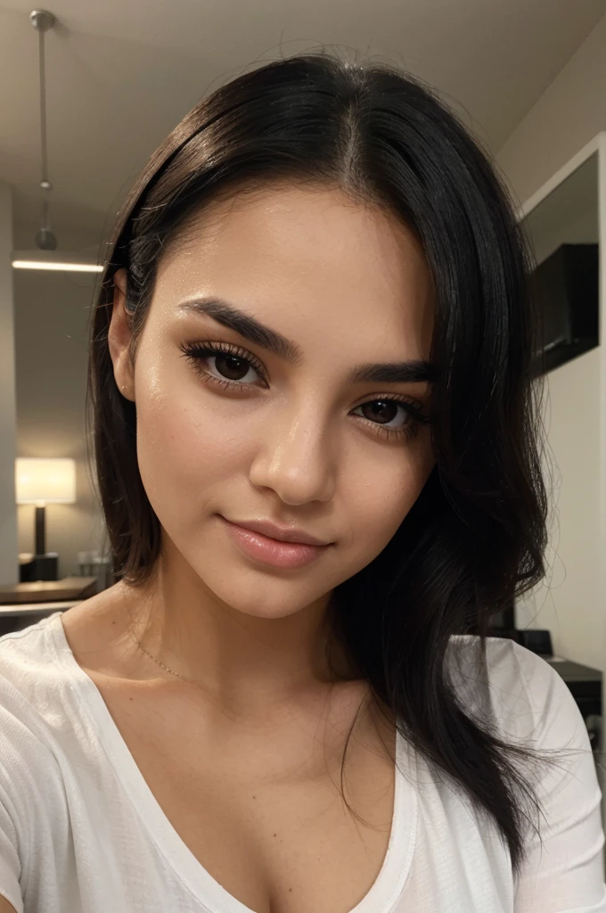 a magnificent young woman in her twenties, with Latino features. She has long, straight black hair that falls loosely over her shoulders. Her face has soft and balanced contours. She has large, well-defined dark brown eyes with long, thick eyelashes and well-arched black eyebrows. His nose is straight and slightly refined, proportionate to his face. Her lips are full and defined, with a natural color, and they are closed, contributing to her neutral expression. Her skin is matte, smooth and without visible imperfections. She is dressed in a black t-shirt. She takes a selfie with an iPhone. She is holding her credit card in her right hand.