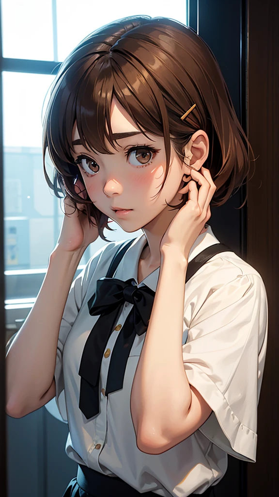 an anime girl with the eyes crossed, hands on face, holding hands, and making some sort of sign, against glass, hirasawa yui, 1girl, solo, brown hair, brown eyes, , sakuragaoka high , short hair, hairclip, hair ornament