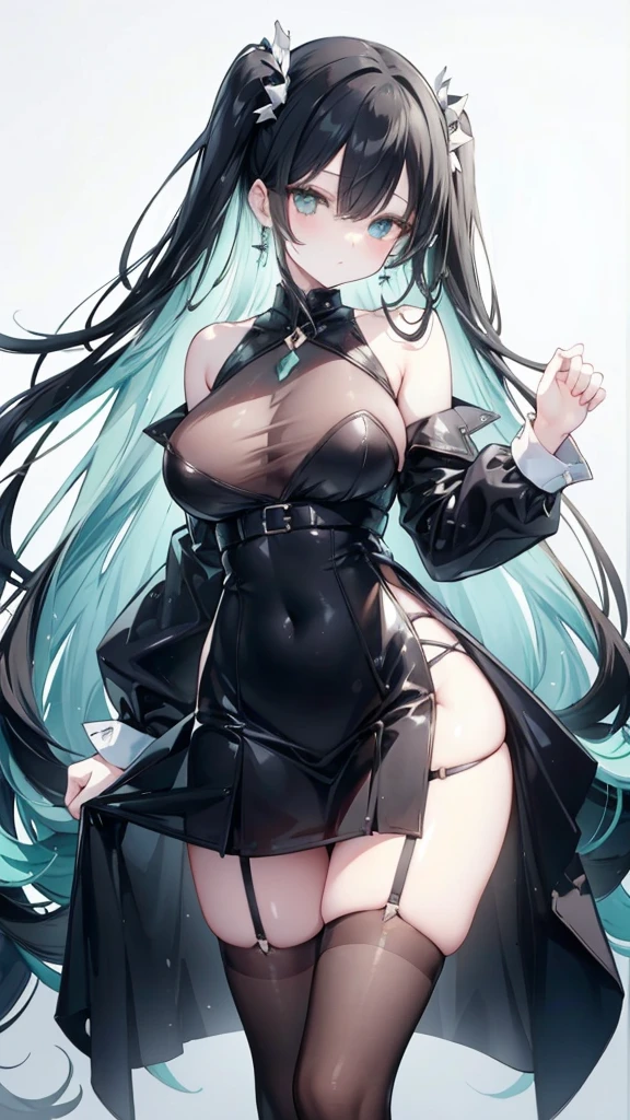 Long Black Hair、Half Up、Mint accents、Slanted Eyes、Mint-colored eyeint colored earrings、Big Breasts、Shoulder Bare、Black clothes、See-through、Black Skirt、tights、garter belt