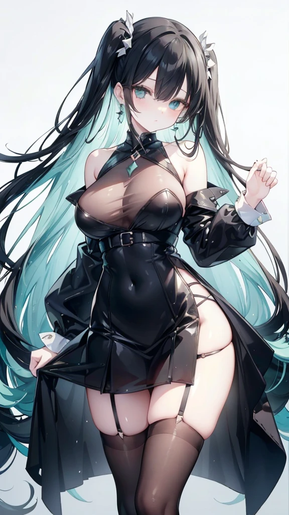 Long Black Hair、Half Up、Mint accents、Slanted Eyes、Mint-colored eyeint colored earrings、Big Breasts、Shoulder Bare、Black clothes、See-through、Black Skirt、tights、garter belt