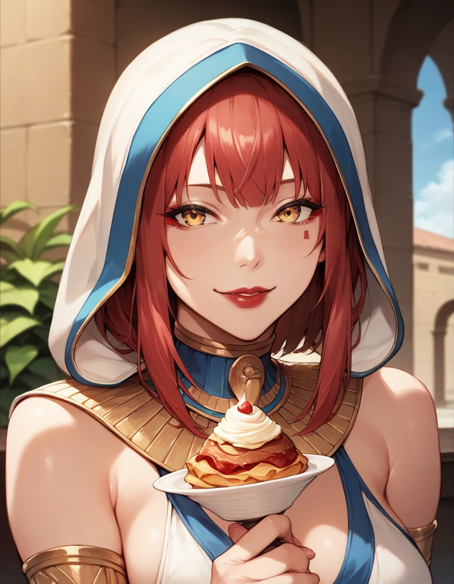 Woman with straight wine red hair, crepe, with yellow eyes., Red lips, arrogant smile, Strong body, with sexy two-piece Egyptian clothing, He wears a hood that covers his hair.