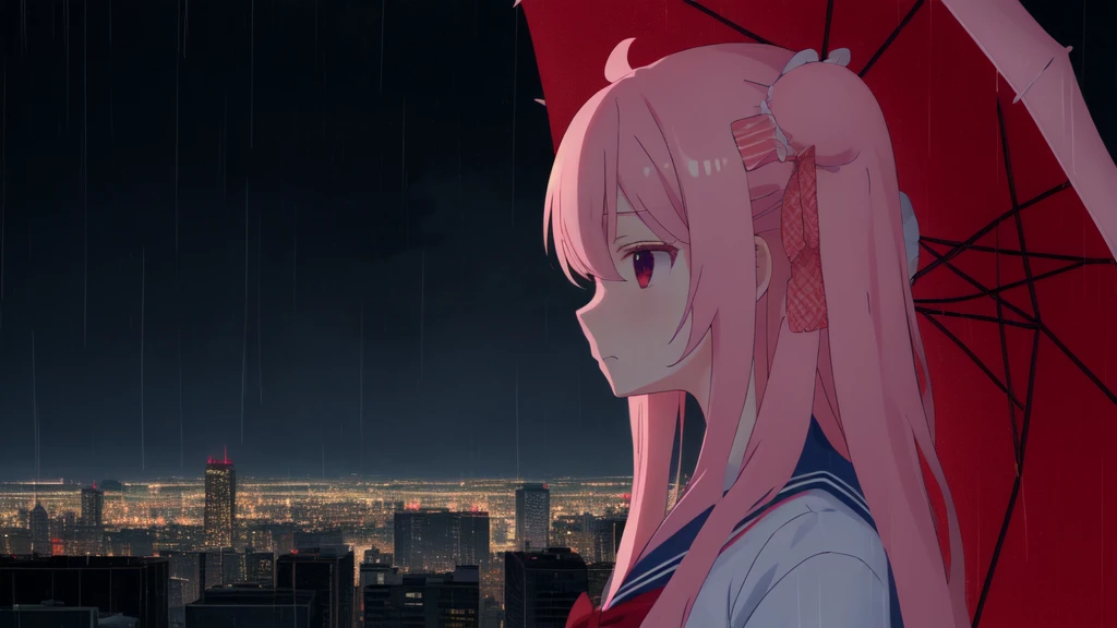 masterpiece, best quality, city background, rainy, 1girl, solo, upper body, bow, serafuku, satou, emotionless, expressionless, anime wallpaper 4k, detailed background, detailed face