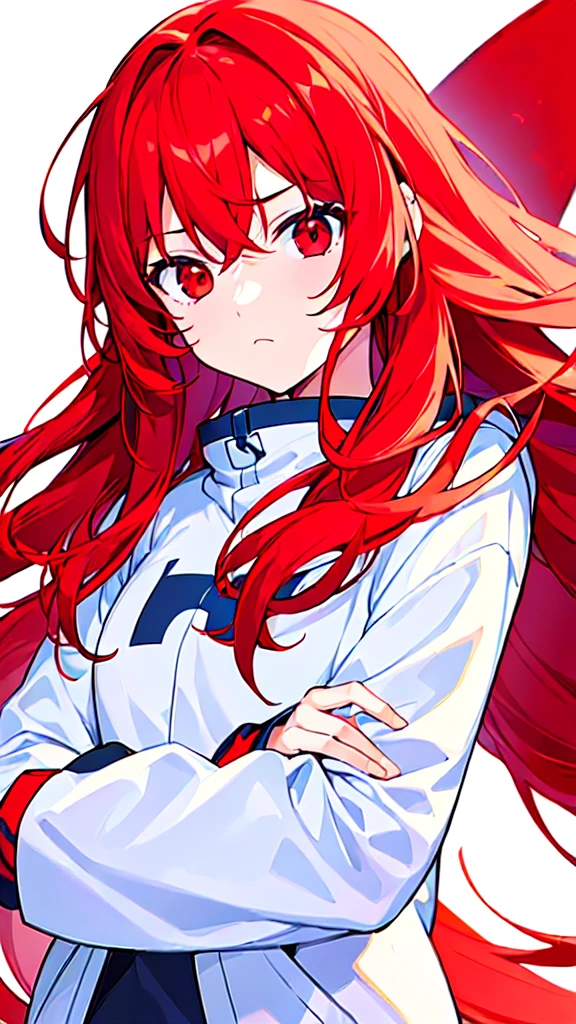 [(WHITE BACKGROUND:1.5),::5], ((((masterpiece)))), high quality, ultra very high resolution, full color, (((solo))), ((younger girl)), (red long hair), (Red eyes), anime, ((upper body)), Blue parka, frown face,