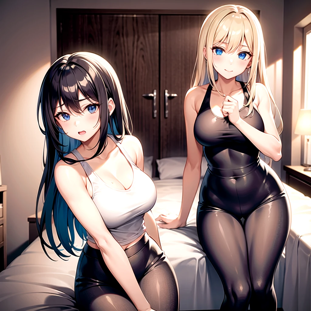 1girl, one person, long blonde hair, blue eyes, white tank top, tight fitting black pants. in bedroom. slim.