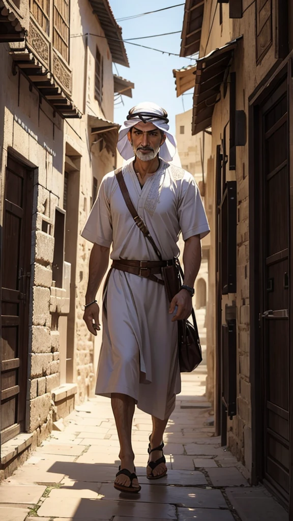 Some ancient arabic man. Walking in the city of middle east.