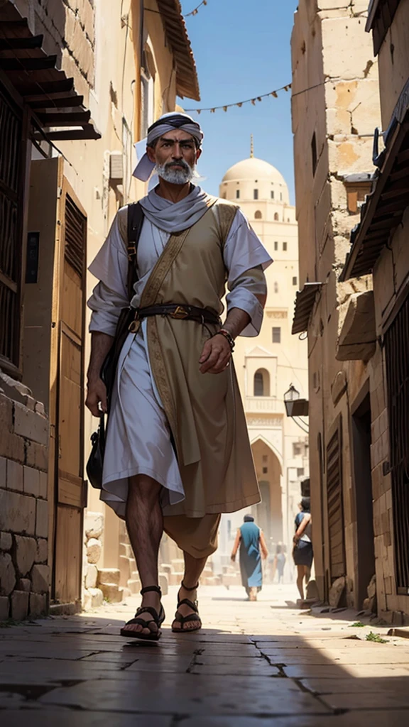 Some ancient arabic man. Walking in the city of middle east.