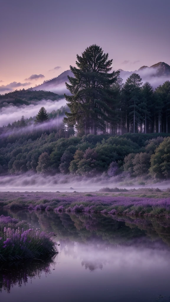 (best quality,4K,8k,highres,masterpiece:1.2),Ultra-detail,(realisti,photorealisti,photo-realisti:1.37),magical mist,Mysterious fog,lilac nebel,lilac nebel,enchanting atmosphere,dream-like,purple dream,ethereal beauty,soft pastel colors,pastel purple,shades of purple,Misty landscape,mystical landscape,No more in Berg,misty forest,eternal fog,surreal atmosphere,Purple Secret,purple veil,Whispering trees,Sparkling stars,floating fog,ethereal glow,Fantasy world,purple sky,Dreamy landscape,purple flowers in the mist,Magic Forest,Magic Garden,lebendige shades of purple,mysterious figures,wandering souls,quiet atmosphere,Calm and friendly,magical touch,Peace in the air,luminous atmosphere,soft and gentle,Majestic mountain range,violet reflections in the water,dreamy reflections in the fog,dezente shades of purple,soft lights and shadows,subtle gradients of purple,diffuse light,subtle glow,Smooth color transitions,purple Universe,calm environment,Calming ambience.