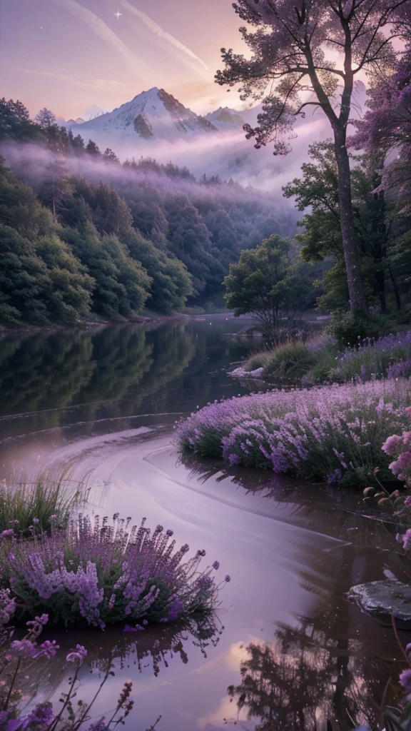 (best quality,4K,8k,highres,masterpiece:1.2),Ultra-detail,(realisti,photorealisti,photo-realisti:1.37),magical mist,Mysterious fog,lilac nebel,lilac nebel,enchanting atmosphere,dream-like,purple dream,ethereal beauty,soft pastel colors,pastel purple,shades of purple,Misty landscape,mystical landscape,No more in Berg,misty forest,eternal fog,surreal atmosphere,Purple Secret,purple veil,Whispering trees,Sparkling stars,floating fog,ethereal glow,Fantasy world,purple sky,Dreamy landscape,purple flowers in the mist,Magic Forest,Magic Garden,lebendige shades of purple,mysterious figures,wandering souls,quiet atmosphere,Calm and friendly,magical touch,Peace in the air,luminous atmosphere,soft and gentle,Majestic mountain range,violet reflections in the water,dreamy reflections in the fog,dezente shades of purple,soft lights and shadows,subtle gradients of purple,diffuse light,subtle glow,Smooth color transitions,purple Universe,calm environment,Calming ambience.