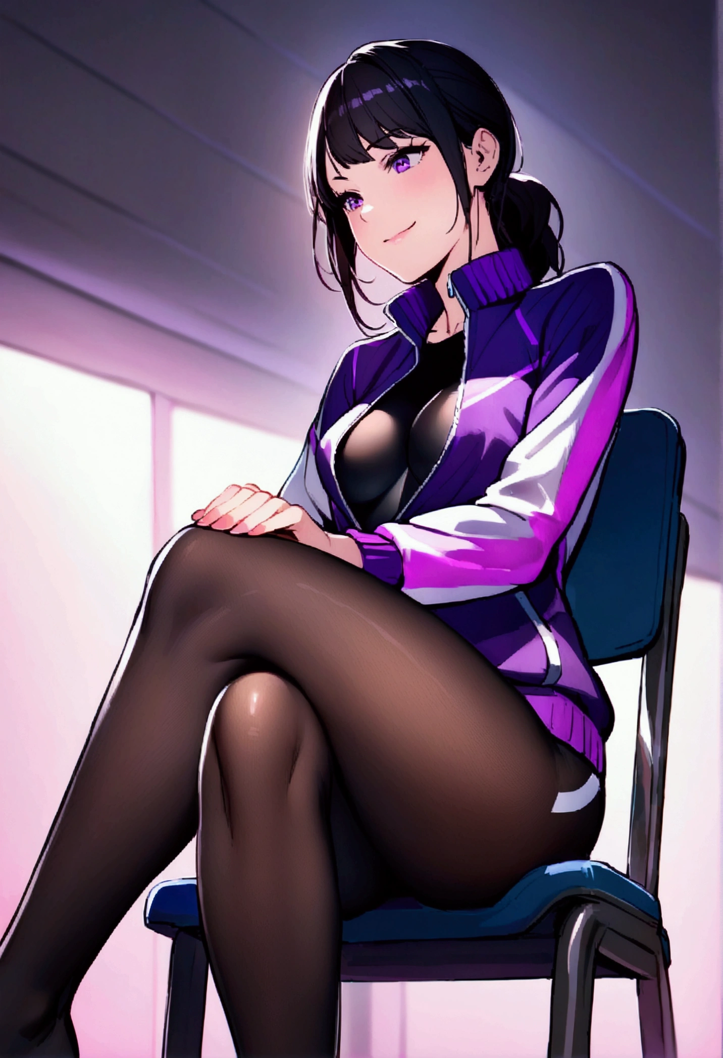juri han beautiful young fitness com , in a gym wearing May with black pantyhose, tight white and purple gym jacket. standing alone,Beautiful Tits, low lighting,ssmile ,black leggings sitting on a chair,cross legs