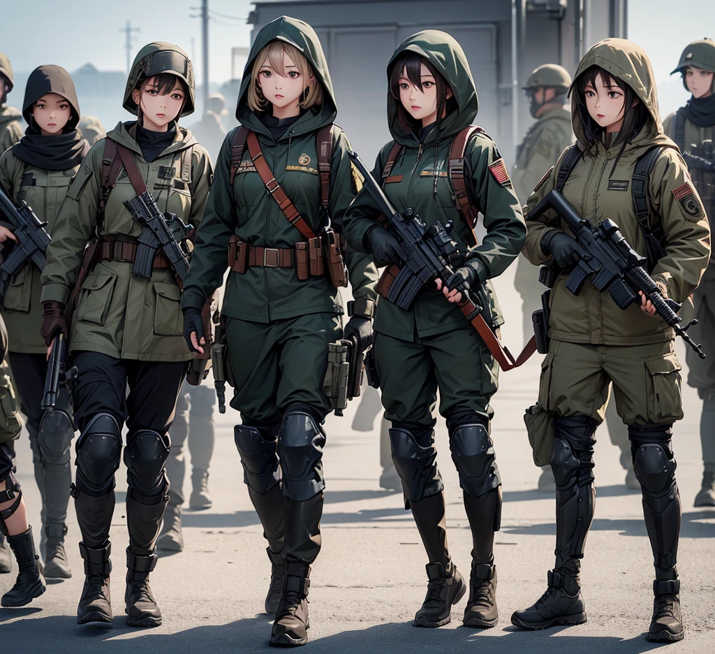 A group of female soldiers with guns fighting，All wear dark brown hooded military uniforms、Hooded on head、Individual equipment set、Military Pants、Knee pads，Write details、masterpiece、best quality、Highly detailed CG、8K picture quality。