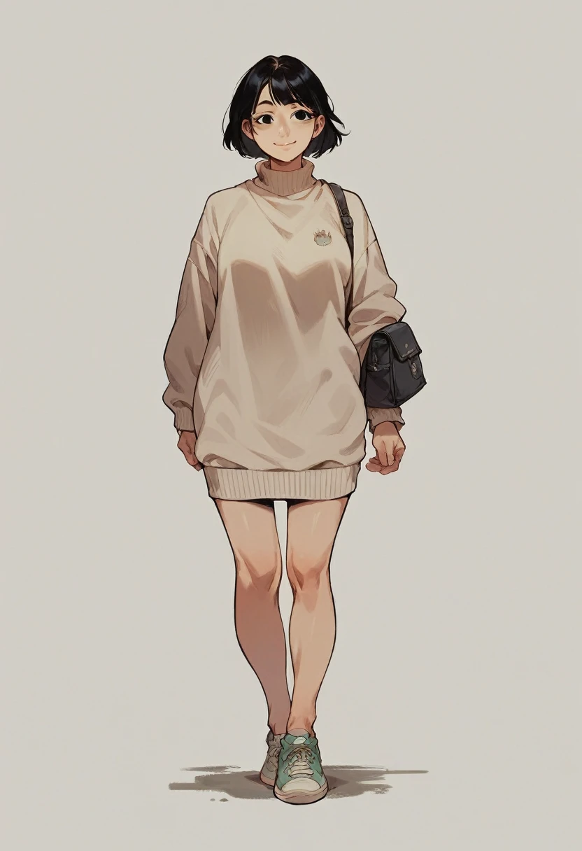 Score_9, Score_8_up, Score_7_up, 1 girl, black hair, black eyes, curvy figure, smile, sweater dress, sneakers, large bust, barefoot, front view, looking forward, standing, simple background, white background,