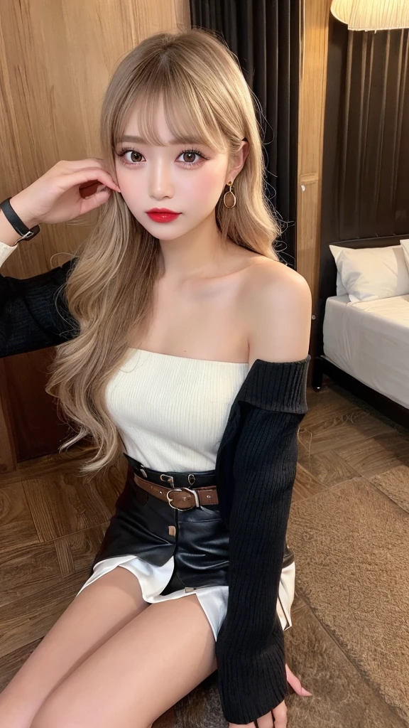(nsfw:1.1)、Cowgirl、、High resolution、blondeヘア、girl、Light Hair Color、sexlonde、Thin legs、Beautiful eyelashes、High resolution、Zoom out、20-year-old、 Wide viewing angles、Highest quality、Very detailed、Finer details、High resolution、8k wallpaper、Beautiful eyes in every detail、Natural lip color、Off-the-shoulder sweater、leather skirt、mini skirt、thigh-high boots、Long Hair、wave hair、Hotel、Cute Face、belt、Small face、looking at the camera、Earrings