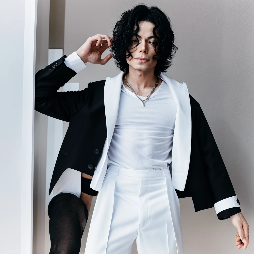 Michael Jackson man with white skin and facial surgery with full body in black party outfit