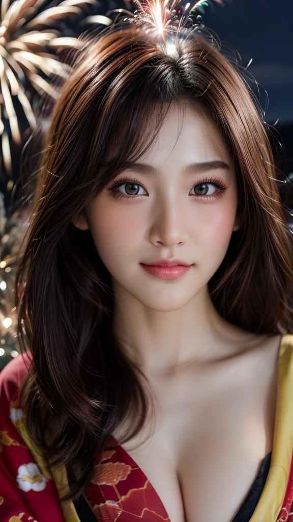 High resolution CG unity wallpaper 8k, top-quality, Piece Table, Realistic, hyper realistic photography, Highly detailed beautiful woman (8K、RAW Photosgraphy、Highest quality、masterpiece:1.2)、(Realistic、Realistic:1.37)、Ultra-high resolution、One Girl、cute、alone、night、Sitting、date、(Nose redness)、(Laughter:1.1)、(Closed)、Huge 、Beautiful Eyes、(short hair:1.2)、(((Fireworks bursting into the sky、night)))、(((kimono、yukata)))、Cleavage、Perfect body、Perfect Fingers、Professional Lighting、Japanese Goddess、gravure、Detailed face and skin texture、fine grain、RAW Photos