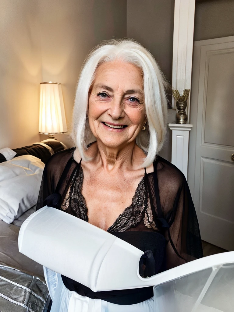 Mature old woman 80 years with white hair, fat, plus size, old face and body with many wrinkles, loose skin, standing at dark bedroom illuminated by nightlamp, posing sexy for photo, old lady She wearing transparent black robe and black lace stockings, side view. jaw dropping mature older beauty, old face and body with wrinkles, old face, full visible legs, smiling, attractive grandma, a gorgeous old hair, beautiful old grandma, lovely older mature grandma, gorgeous beautiful grandma over 80 years old, beautiful white hair grandma, beautiful detailed body and face, a beautiful old granny