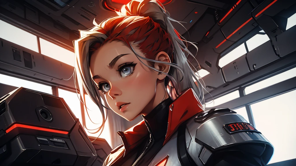 ponytail, red hair, portrait, light vintage red color hair, scientist character, female, super strong, female, silver clothing, cyberpunk female, short blonde hair, portrait, in a spaceship hangar, a female in a sci-fi jumpsuit with led lights making shapes, she has short light hair, big eyes, silver clothing. big breast
