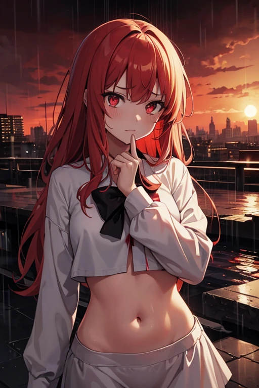 masterpiece, Highest quality, View your viewers, In-person audience, barefoot, One girl, alone, Upper Body, bow, Seraphim, Disgusted face, at night, heavy rain, Outdoor, city, Crop top, belly button, Wet clothes, drenched, overly too long sleeves, Put your hands in your sleeves, Tears of Blood, Bloodstain, Dark Alley, Blood splattered on the ground, Red bright light, Glowing Eyes, Depth of written boundary,Holding a knife,Red Sky, atmosphere,Perfect hands