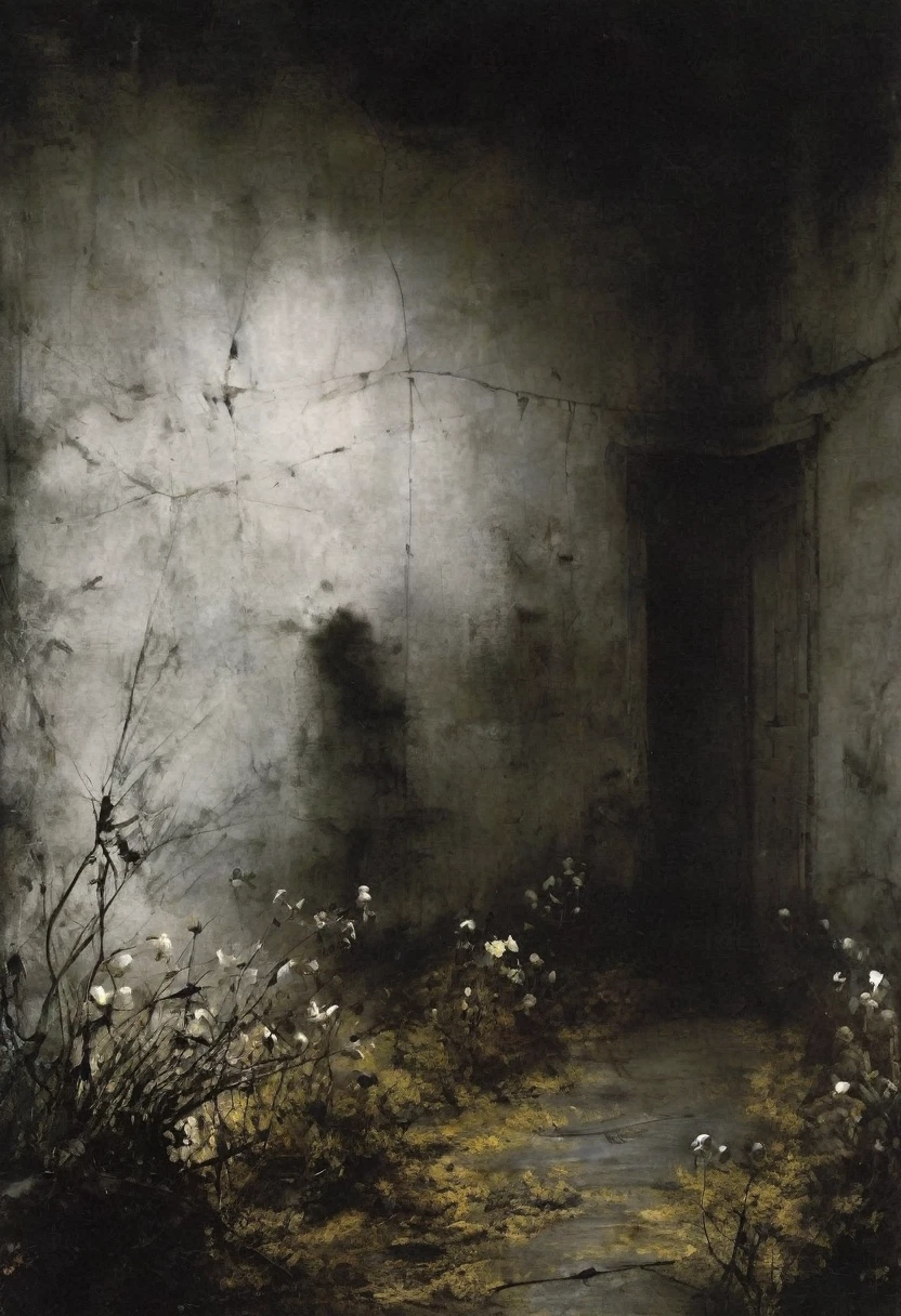 This is Andrew Wyeth - The Art of Andrew Wyeth - with the disturbing and grotesque world of Stephen Gammell, a muted floral palette and a dry brush technique that creates a sense of calm. (Computer game-Scorn (survival horror), creepypasta (dark monochrome background) masterpiece, fairy-tale background) (minimalism: 1). perfect body anatomy.
