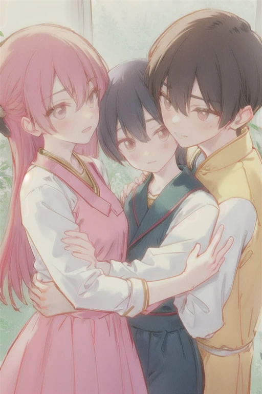 A boy sandwiched between two girls, a girl hugging him　Grab your arm　from front