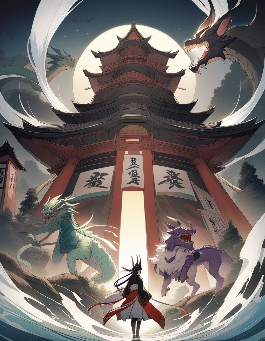 Onmyoji Abe no Seimei unfolds an ancient scroll、A powerful guardian spirit from within the light(Tengu, dragons, etc.)Scenes in which。Behind Seimei you can see the beautiful architecture of Heian-kyo.。