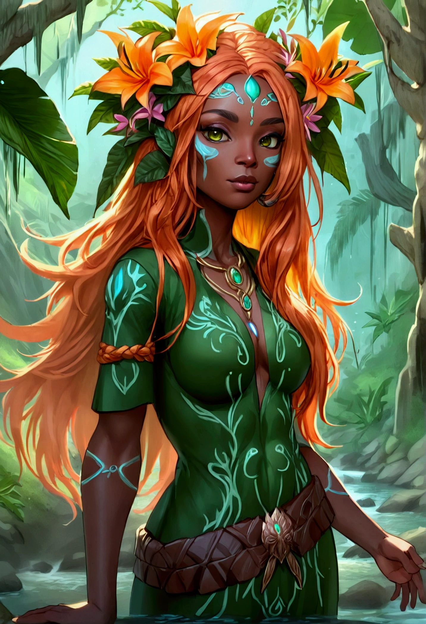  a picture of a druid in her jungle cove, an exotic, most beautiful human druid, priest of nature, warden of the wild of the jungle, full body, ((anatomically correct: 1.5)) long hair, wild hair, orange hair, flowers and leaves in her hair, wearing a ((green robe: 1.3)), intricate robe, with flowers on it,  small cleavage, high boots, eyes glowing with magic, she protects her jungle grove, many old (cacao trees: 1.3), orchids trees, heliconia flowers, some wild life, a (stream of water: 1.3), fantasy art, vibrant, Ultra-high resolution, High Contrast, (masterpiece:1.5), highest quality, Best aesthetics), best details, best quality, highres, ultra wide angle, 16k, [ultra detailed], masterpiece, best quality, (extremely detailed) RAW, DruidMagicAI