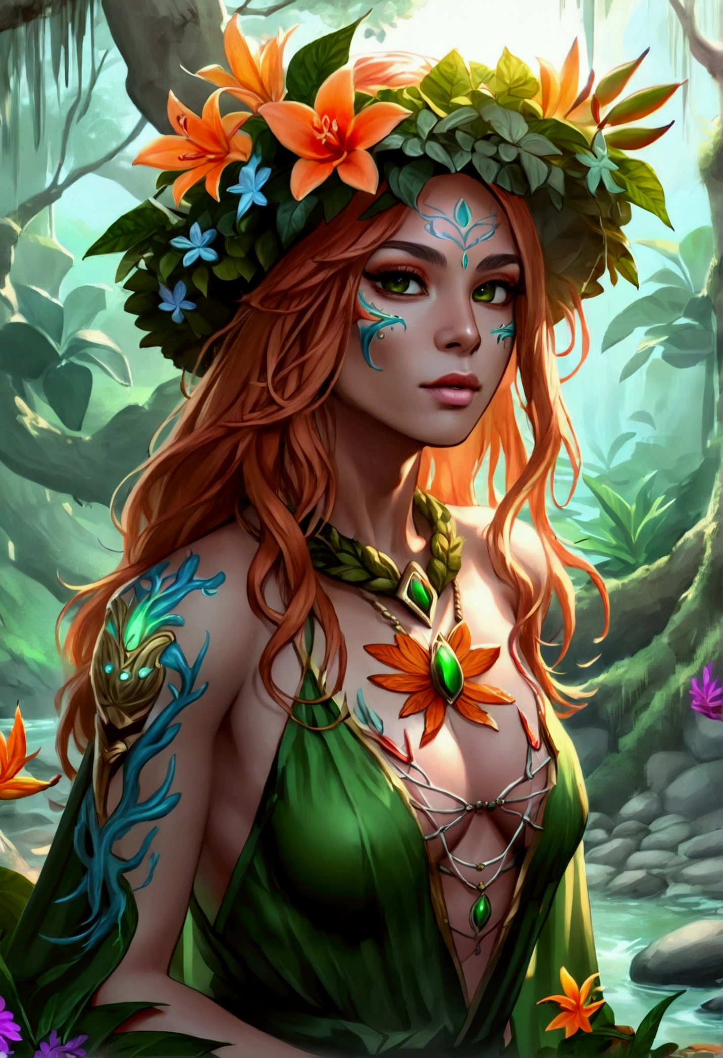  a picture of a druid in her jungle cove, an exotic, most beautiful human druid, priest of nature, warden of the wild of the jungle, full body, ((anatomically correct: 1.5)) long hair, wild hair, orange hair, flowers and leaves in her hair, wearing a ((green robe: 1.3)), intricate robe, with flowers on it,  small cleavage, high boots, eyes glowing with magic, she protects her jungle grove, many old (cacao trees: 1.3), orchids trees, heliconia flowers, some wild life, a (stream of water: 1.3), fantasy art, vibrant, Ultra-high resolution, High Contrast, (masterpiece:1.5), highest quality, Best aesthetics), best details, best quality, highres, ultra wide angle, 16k, [ultra detailed], masterpiece, best quality, (extremely detailed) RAW, DruidMagicAI