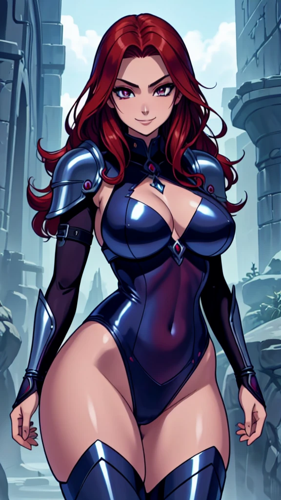 ((masterpiece, best quality)), manga style, A dark elf warrior, tight body armor, large breasts, wide hips, discreet smile, Wavy red hair, a collar around her neck, (high detail skin：1.2), beautiful face, gentle illumination,