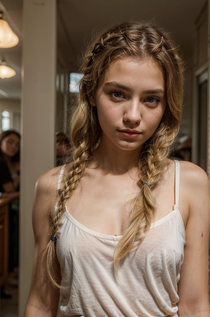 a 20 year old girl with three eyes and blonde braided hair, in the public, Selfie, portrait