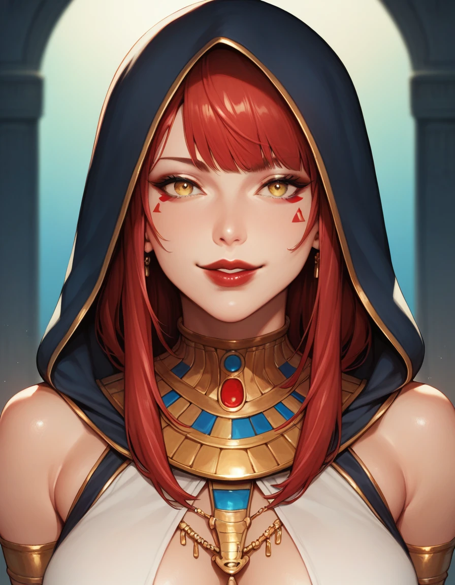 Woman with straight wine red hair, crespo, with yellow eyes., Red lips, arrogant smile, Strong body, with y two-piece Egyptian clothing, He wears a hood that covers his hair.