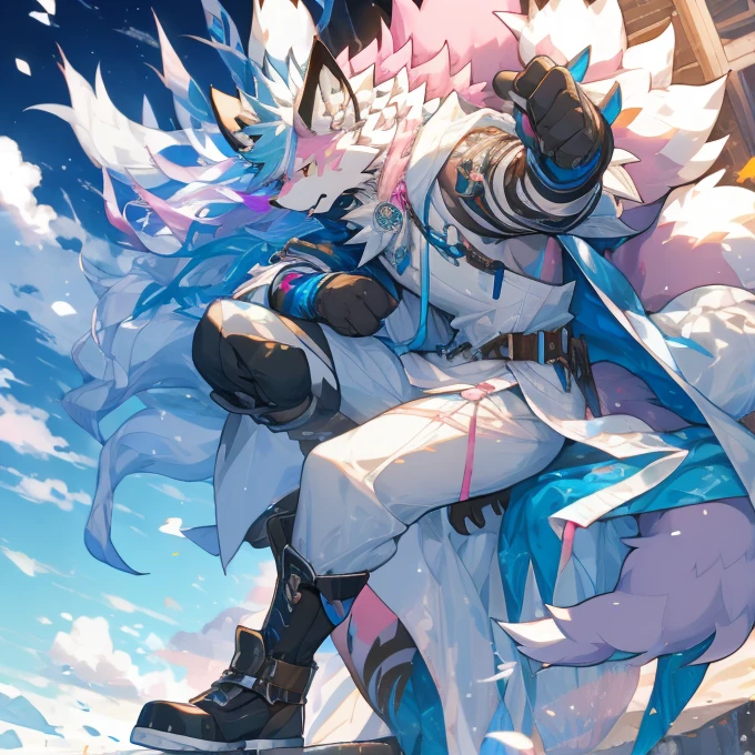 White hair,A little bit of pink,Nine-tailed fox beastman with light blue and lavender hair,White robe,White gauze outer,male,Nineteen years old,Wearing gloves on left hand,Black boots。