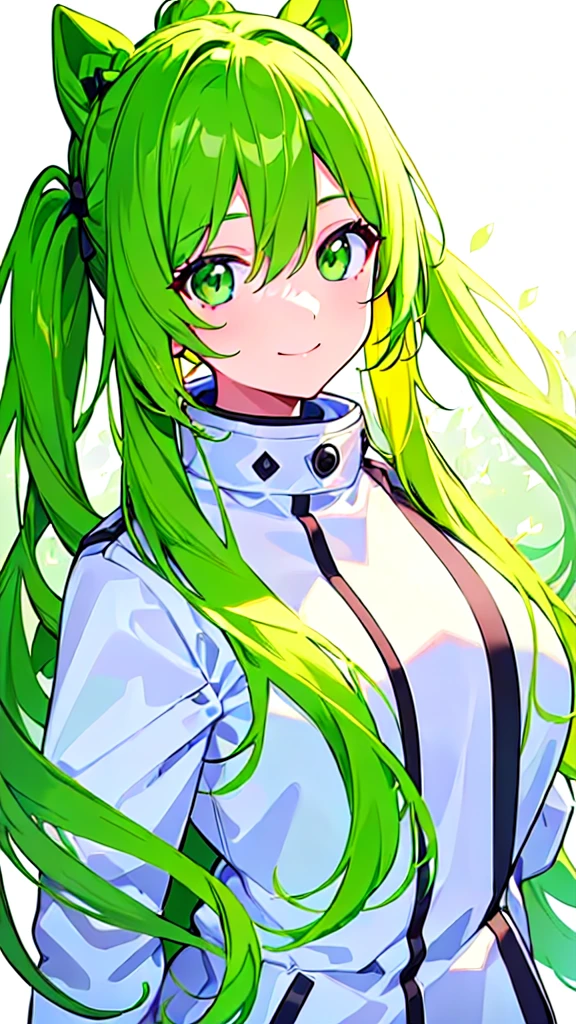 [(WHITE BACKGROUND:1.5),::5], ((((masterpiece)))), high quality, ultra very high resolution, full color, (((solo))), ((younger girl)), (green yellow long hair pony tails), (Green eyes), anime, ((upper body)), white parka, smile face,