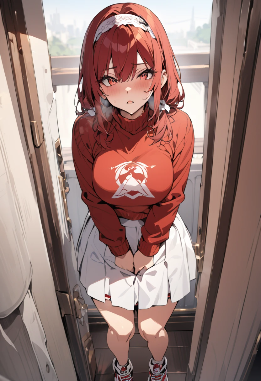 masterpiece, Highest quality, pus, hair band, Red sweater, ruffled white skirt, sneakers, Are standing, View your viewers